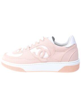 Chanel Side CC Logo Canvas Low Cut Sneakers Shoes Pink White